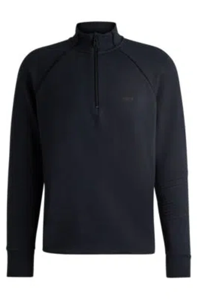 Hugo Boss Stretch-cotton Zip-neck Sweatshirt With Embossed Artwork In Black