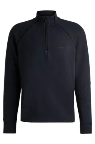 Hugo Boss Stretch-cotton Zip-neck Sweatshirt With Embossed Artwork In Dark Blue