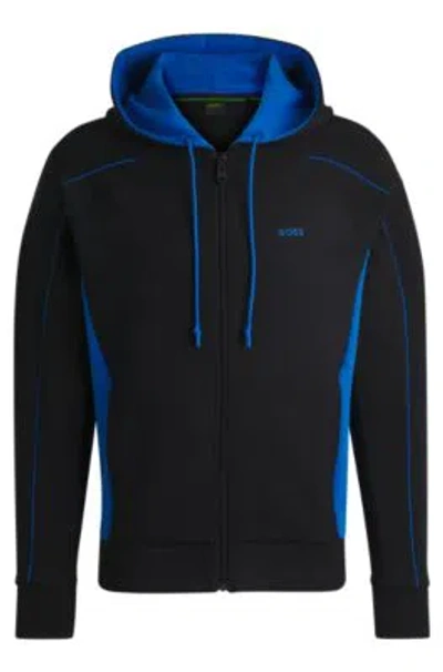 Hugo Boss Stretch-cotton Zip-up Hoodie With Embossed Artwork In Black