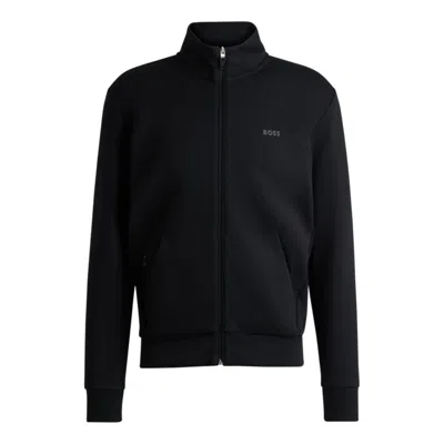 Hugo Boss Stretch-cotton Zip-up Sweatshirt With Logo Print In Black