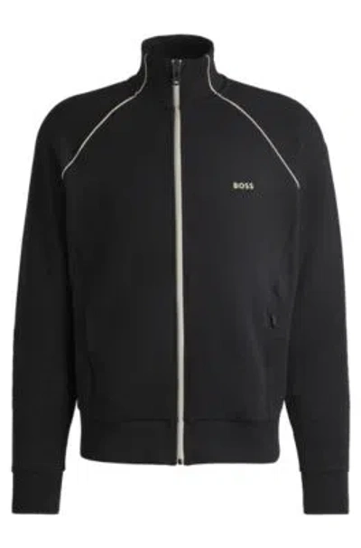 Hugo Boss Stretch-cotton Zip-up Sweatshirt With Piping And Branding In Black