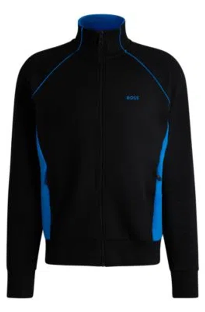 Hugo Boss Stretch-cotton Zip-up Sweatshirt With Piping And Branding In Black