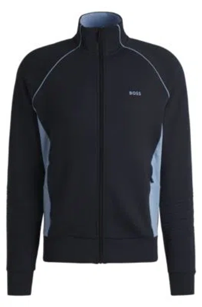Hugo Boss Stretch-cotton Zip-up Sweatshirt With Piping And Branding In Dark Blue