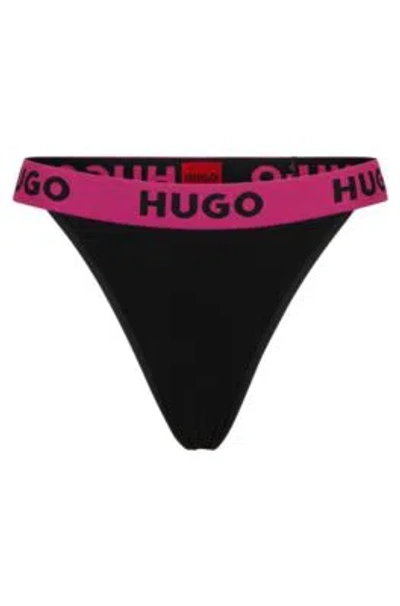 Hugo Boss Stretch-jersey String Briefs With Branded Waistband In Black
