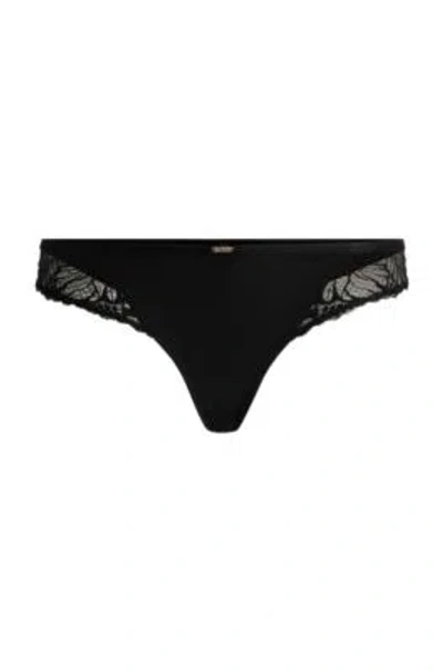 Hugo Boss Stretch-lace Brazilian Briefs With Logo Trim In Black