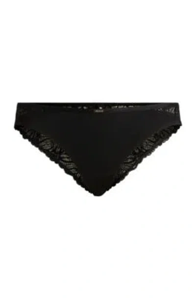 Hugo Boss Stretch-lace Briefs With Gold-tone Logo Trim In Black