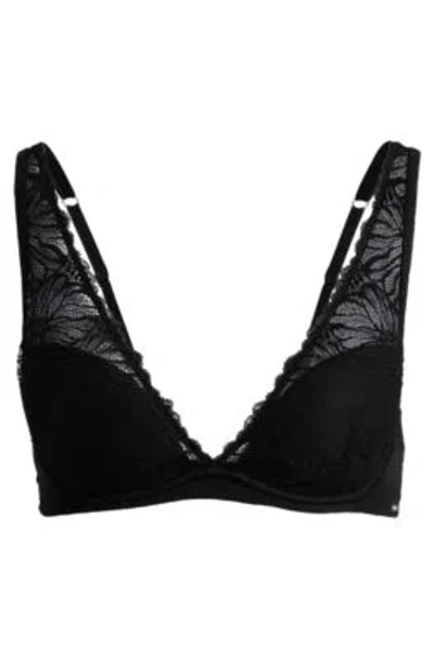 Hugo Boss Stretch-lace Underwired Bra With Logo Trim In Black