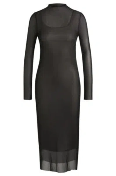 Hugo Boss Stretch-mesh Dress With Sequinned Underlayer In Black