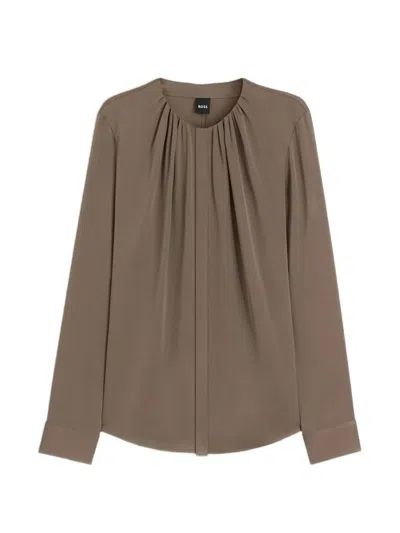 Hugo Boss Stretch-silk Blouse With Gathered Details In Brown
