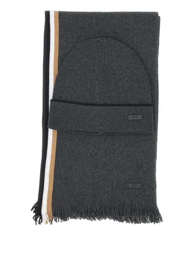 Hugo Boss Stripe-detail Hat Set In Gray