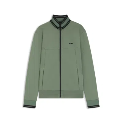 Hugo Boss Stripe-detail Zip-up Sweatshirt In A Cotton Blend In Green