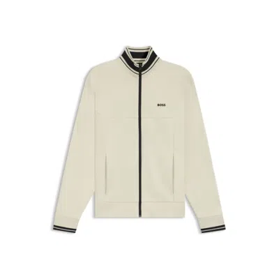 Hugo Boss Stripe-detail Zip-up Sweatshirt In A Cotton Blend In Neutral