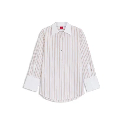 Hugo Boss Striped Blouse In Cotton Poplin With Contrast Trims In White