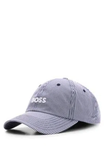 Hugo Boss Striped Cap With Embroidered Logo In Cotton Poplin In Dark Blue