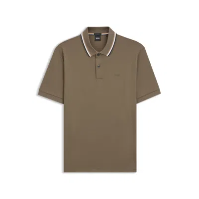 Hugo Boss Striped-collar Slim-fit Polo Shirt In Cotton With Logo In Brown