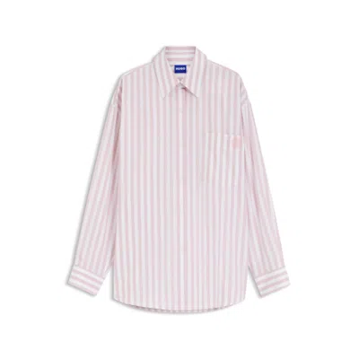 Hugo Boss Striped Cotton Oversized-fit Blouse With Happy Hugo Logo In Pink