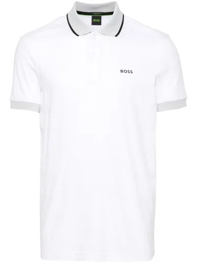 Hugo Boss Striped Cotton Polo Shirt In White