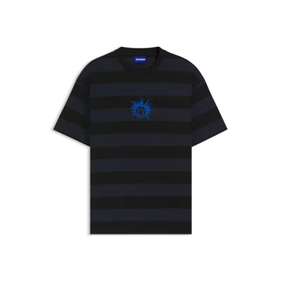 Hugo Boss Striped-cotton T-shirt With Happy Hugo Logo In Blue