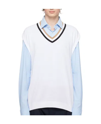 Hugo Boss Striped Detail Knitted Sleeveless Pullover In White
