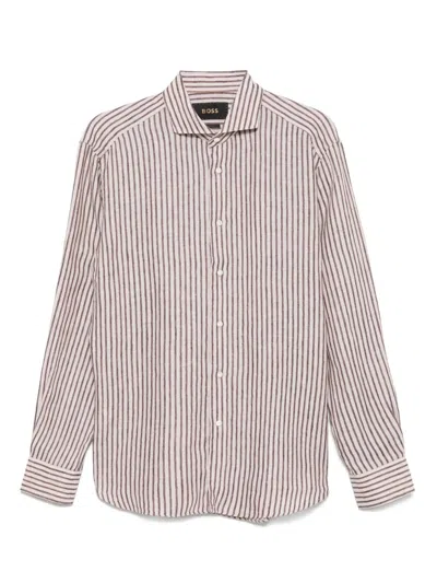 Hugo Boss Striped Linen Shirt In Brown