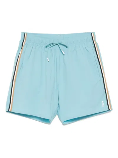 Hugo Boss Striped Logo Swim Shorts In Blue