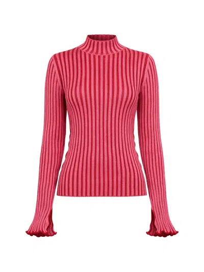 Hugo Boss Striped Long-sleeve Ruffled Sweater In Pink