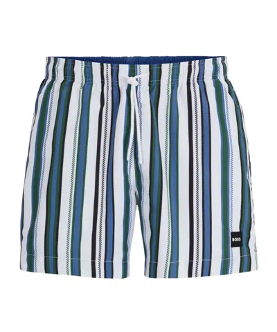 Hugo Boss Fully Lined Swim Shorts In Striped Quick-dry Fabric In Blue