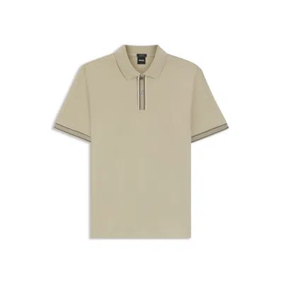 Hugo Boss Striped-trim Polo Shirt In Mercerised Cotton In Neutral
