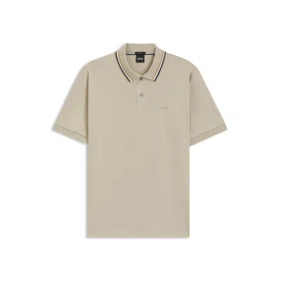 Hugo Boss Striped-collar Slim-fit Polo Shirt In Cotton With Logo In Neutral