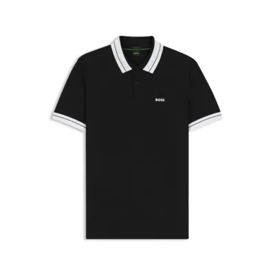 Hugo Boss Stripe-trim Polo Shirt In Stretch Cotton In Black
