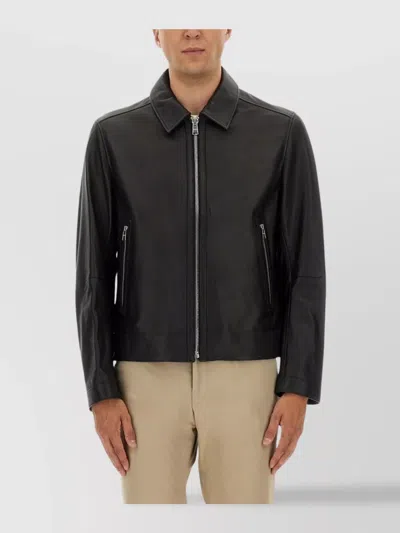 Hugo Boss Boss Tailored Black Leather Jacket With Classic Collar And Zip Closure