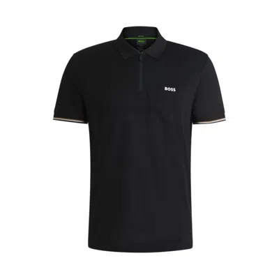 Hugo Boss Structured-cotton Polo Shirt With Zip Neck In Black
