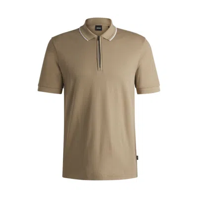 Hugo Boss Structured-cotton Polo Shirt With Zip Placket In Beige