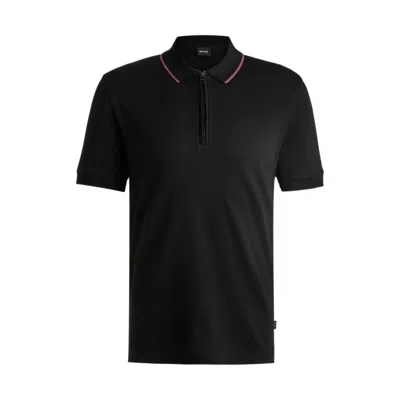 Hugo Boss Structured-cotton Polo Shirt With Zip Placket In Black