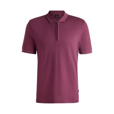 Hugo Boss Structured-cotton Polo Shirt With Zip Placket In Purple