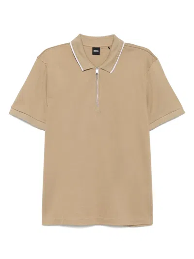 Hugo Boss Structured Zip Placket Polo Shirt In Neutrals