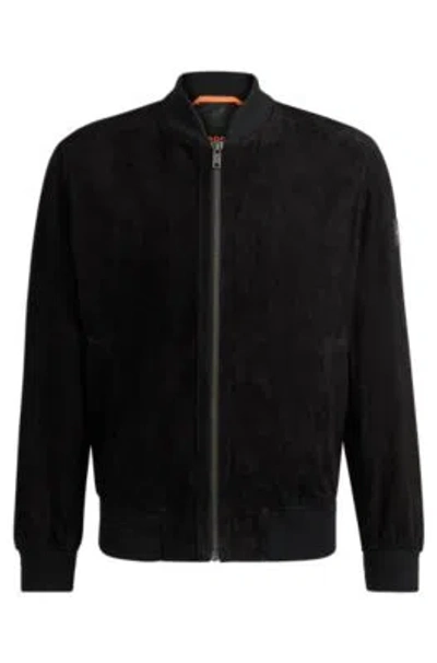 Hugo Boss Suede Bomber Jacket With Ribbed Trims In Black