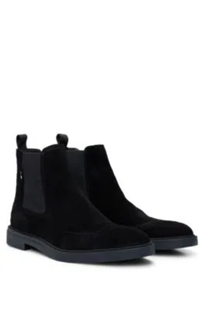 Hugo Boss Suede Chelsea Boots With Brogue Details In Black