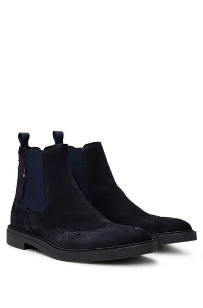Hugo Boss Suede Chelsea Boots With Brogue Details In Black