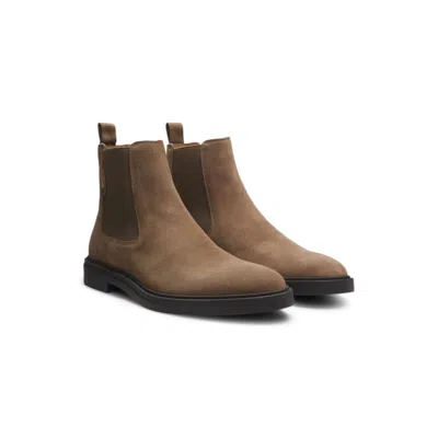 Hugo Boss Suede Chelsea Boots With Signature Stripe In Brown