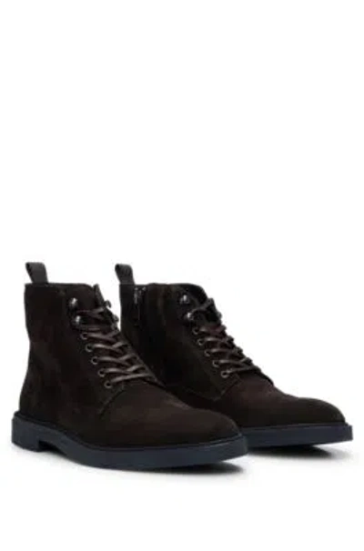 Hugo Boss Suede Half Boots With Side Zip And Signature Accents In Dark Brown