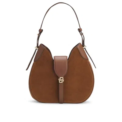 Hugo Boss Suede Hobo Bag With Double B Monogram In Brown