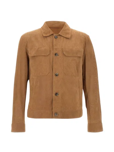 Hugo Boss Merfo Suede Jacket Perforated Design In Brown