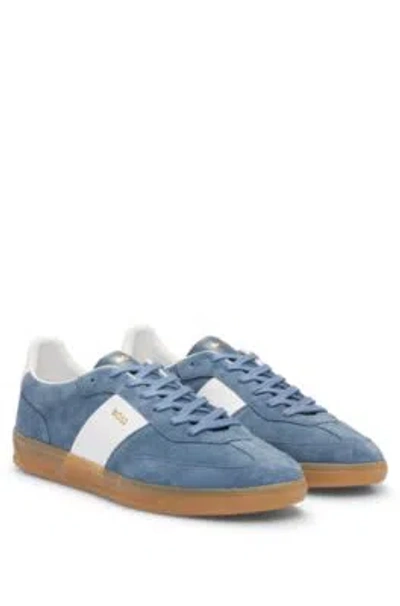 Hugo Boss Suede-leather Lace-up Trainers With Branding In Medium Blue 429