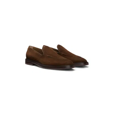 Hugo Boss Suede Loafers With Leather Piping In Brown