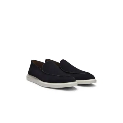 Hugo Boss Suede Loafers With Logo Details In Blue