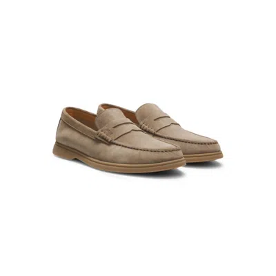 Hugo Boss Suede Loafers With Logo Penny Trim In Neutral