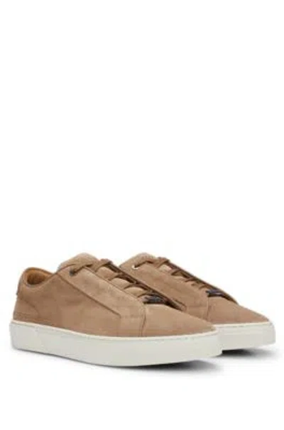 Hugo Boss Suede Low-top Trainers With Branded Lace Loop In Beige