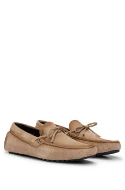 Hugo Boss Suede Moccasins With Buckled Upper Strap In Beige