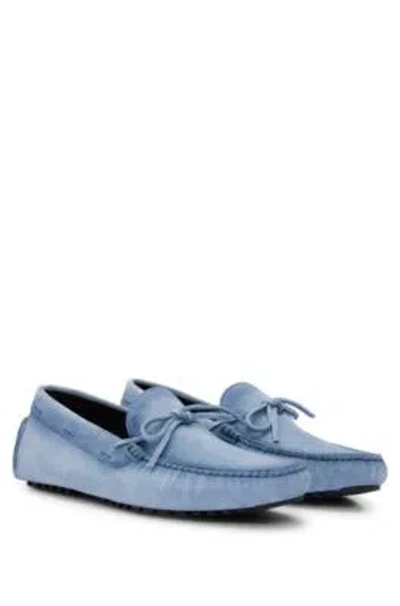 Hugo Boss Suede Moccasins With Buckled Upper Strap In Light Blue